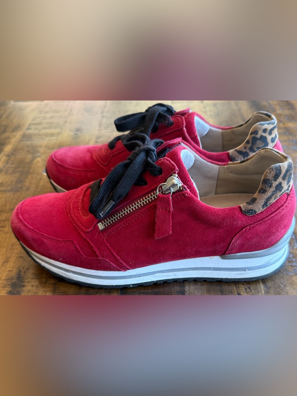 Gabor Red Suede Tennis Shoes 4H US 6.5–7 Cheetah Print Silver Rim Women